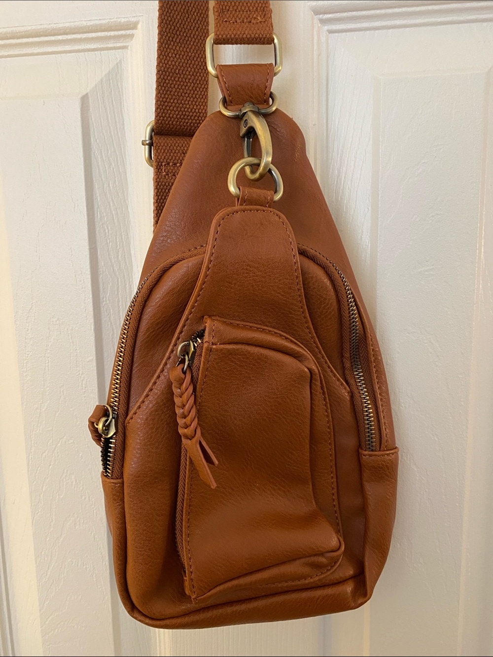 Antik Kraft Brown Faux Leather Sling Belt Bag with Braided Pull